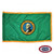 The indoor Washington flag has 3 sides of gold fringe around the green field. In the center is a seal with a portrait of George Washington. FMAA Certified Made in America seal.