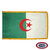 The indoor Algeria flag has 3 sides of gold fringe around 2 fields of green and white. In the center is a red crescent with a star inside. FMAA Certified Made in America seal.