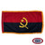 The indoor Angola flag has 3 sides of gold fringe around 2 horizontal red and black stripes. In the center is a gold gearwheel, machete, and star. FMAA Certified Made in America seal.