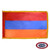 The indoor Armenia flag has 3 sides of gold fringe around a red, blue, and orange tricolor flag. FMAA Certified Made in America seal.