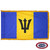 The indoor Barbados flag has 3 sides of gold fringe around a blue, yellow, and blue triband. In the center is a black trident. FMAA Certified Made in America seal.