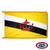 The indoor Brunei flag has 3 sides of gold fringe around a yellow field with 2 diagonal stripes of white and black. In the center is a seal. FMAA Certified Made in America seal.