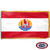 The indoor French Polynesia flag has 3 sides of gold fringe around 3 horizontal red and white stripes. In the center is the national seal. FMAA Certified Made in America seal.