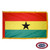 The indoor Ghana flag has 3 sides of gold fringe around a horizontal red, yellow, and green tricolor. In the center is a black star. FMAA Certified Made in America seal.
