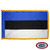 The indoor Estonia flag has 3 sides of gold fringe around the horizontal tricolor of blue, black, and white. FMAA Certified Made in America seal. The indoor Estonia flag has 3 sides of gold fringe around the horizontal tricolor of blue, black, and white. FMAA Certified Made in America seal.