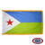 The indoor Djibouti flag has 3 sides of gold fringe around 2 horizontal blue & green stripes. On the left is a white triangle & a red star. FMAA Certified Made in America seal.
