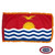 The indoor Kiribati flag has 3 sides of gold fringe around a red field depicting a bird flying over the sun and ocean. FMAA Certified Made in America seal.