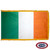 The indoor Irish flag has 3 sides of gold fringe around a vertical green, white, and orange tricolor. FMAA Certified Made in America seal.