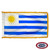 The indoor Uruguay flag has 3 sides of gold fringe around 9 horizontal white and blue stripes with a yellow sun in the white canton. FMAA Certified Made in America seal.