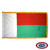 The indoor Madagascar flag has 3 sides of gold fringe around two horizontal red and green stripes. On the left is a vertical white band. FMAA Certified Made in America seal.