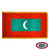 The indoor Maldives flag has 3 sides of gold fringe around a red field with a green rectangle depicting a white crescent in the center. FMAA Certified Made in America seal.