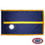 The indoor Nauru flag has 3 sides of gold fringe around a dark blue field with a horizontal yellow line and a white star below on the left. FMAA Certified Made in America seal.