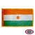 The indoor Niger flag has 3 sides of gold fringe around a horizontal orange, white, and green tricolor. In the center is an orange circle. FMAA Certified Made in America seal. The indoor Niger flag has 3 sides of gold fringe around a horizontal orange, white, and green tricolor. In the center is an orange circle. FMAA Certified Made in America seal.