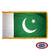 The indoor Pakistan flag has 3 sides of gold fringe around a green field with a white field on the left and a crescent & star on the right. FMAA Certified Made in America seal.