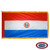 The indoor Paraguay flag has 3 sides of gold fringe around a horizontal red, white, and blue tricolor. In the center is a coat of arms. FMAA Certified Made in America seal. The indoor Paraguay flag has 3 sides of gold fringe around a horizontal red, white, and blue tricolor. In the center is a coat of arms. FMAA Certified Made in America seal.