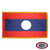 The indoor Laos flag has 3 sides of gold fringe around three red and blue stripes. Inside the thicker blue stripe is a white circle. FMAA Certified Made in America seal.