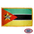The indoor Mozambique flag has 3 sides of gold fringe around a horizontal teal, black, and yellow tricolor with a red triangle on the left. FMAA Certified Made in America seal.