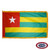 The indoor Togo flag has 3 sides of gold fringe around 5 horizontal green and yellow stripes. There is a white star in the red canton. FMAA Certified Made in America seal. The indoor Togo flag has 3 sides of gold fringe around 5 horizontal green and yellow stripes. There is a white star in the red canton. FMAA Certified Made in America seal.