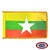 The indoor Myanmar flag has 3 sides of gold fringe around a horizontal yellow, green, and red tricolor with a white star in the center. FMAA Certified Made in America seal.