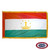 The indoor Tajikistan flag has 3 sides of gold fringe around a horizontal red, white, and green tricolor. In the center is a yellow crown. FMAA Certified Made in America seal.