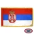 The indoor Serbia flag has 3 sides of gold fringe around a horizontal red, blue, and white tricolor with a coat of arms on the left. FMAA Certified Made in America seal.