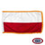 The indoor Poland flag has 3 sides of gold fringe around two horizontal white and red stripes. FMAA Certified Made in America seal.