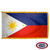 The indoor Philippines flag has 3 sides of fringe around two blue and red bands. On the left is a white triangle with a sun and stars. FMAA Certified Made in America seal.