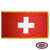 The indoor Swiss flag has 3 sides of gold fringe around a red field with a large white cross in the center. FMAA Certified Made in America seal.