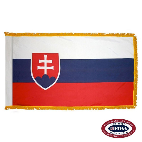 The indoor Slovakia flag has 3 sides of gold fringe around a horizontal white, blue, and red tricolor. On the left is a coat of arms. FMAA Certified Made in America seal.