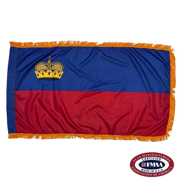  The indoor Liechtenstein flag has 3 sides of gold fringe around 2 horizontal blue and red stripes. In the upper left is a gold crown. FMAA Certified Made in America seal.
