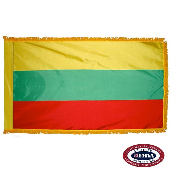 The indoor Lithuania flag has 3 sides of gold fringe around a horizontal yellow, green, and red tricolor. FMAA Certified Made in America seal.