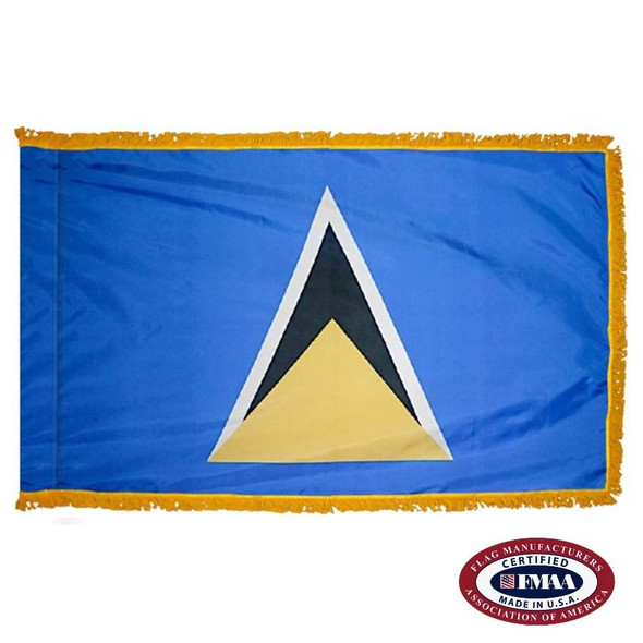 The indoor St. Lucia flag has 3 sides of fringe around a blue field with a black triangle with a white outline and a smaller gold triangle. FMAA Certified Made in America seal.