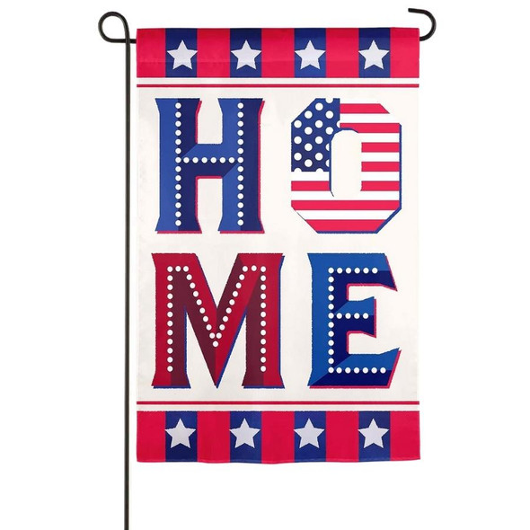 A Patriotic Home Garden Flag with the word "HOME" written in blue and red letters, with the "O" filled with the American flag pattern.