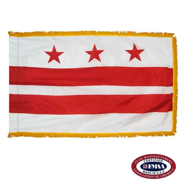 The indoor DC flag has 3 sides of gold fringe around a white field with two horizontal red stripes. Above are 3 red stars. FMAA Certified Made in America seal.