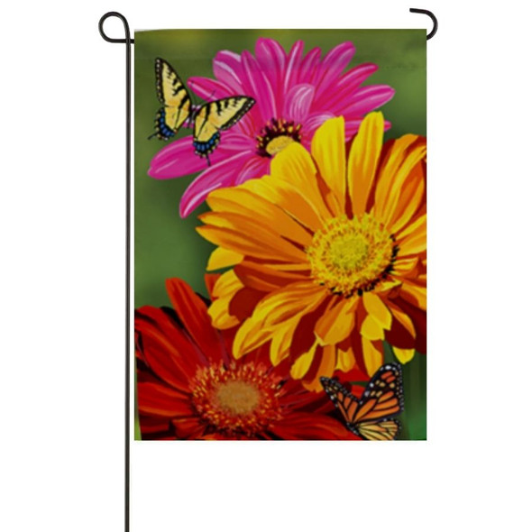 A garden flag depicting three gerbera daisies and two butterflies.