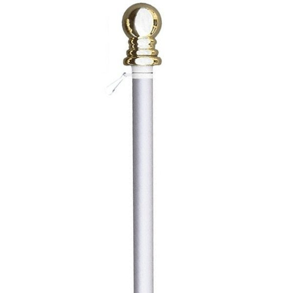 The top section of a white tangle-free flagpole with a ball ornament.