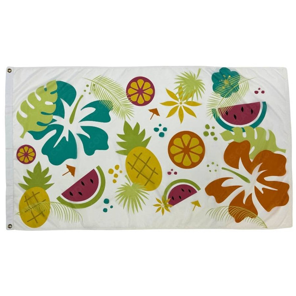 A white flag printed with pineapples, leaves, and hibiscus flowers.