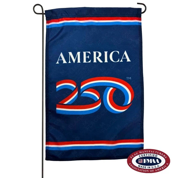 The anniversary garden banner is dark blue with the white text “AMERICA” above the numbers “250” in a red, white, and blue striped font.