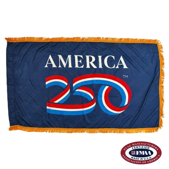 The indoor America’s 250th anniversary flag is dark blue and finished on 3 edges with gold fringe. On the flag is the text “AMERICA 250”.