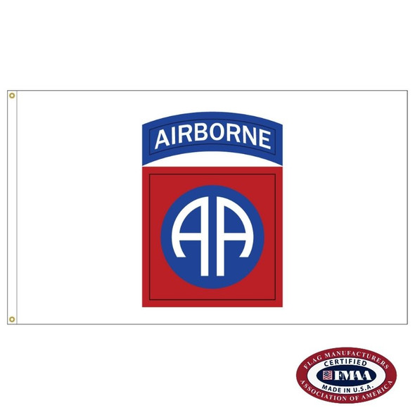 The 82nd Airborne flag is white with a red square in the center and the white letters “AA” inside a blue circle. Above is the text “AIRBORNE.”
