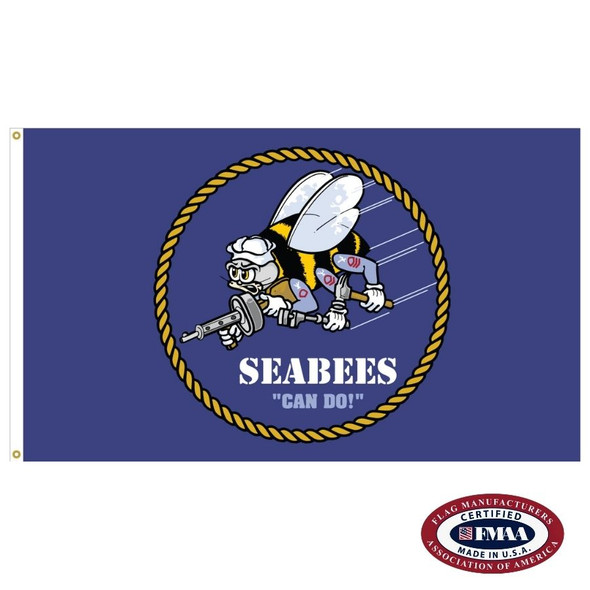 The Seabees flag is dark blue with a seal in the center depicting a bee with a seal’s head. Below is the text “SEABEES / CAN DO!”