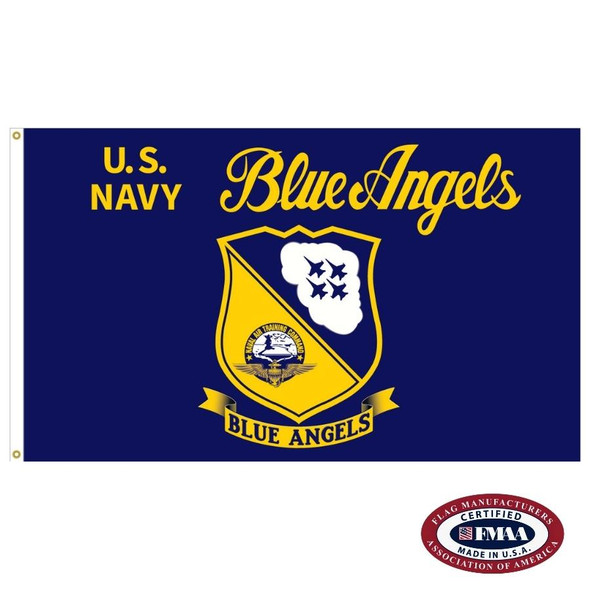 The Blue Angels flag is dark blue with a yellow shield in the center depicting four planes and the NATC seal. Above is the text “US NAVY Blue Angels.”
