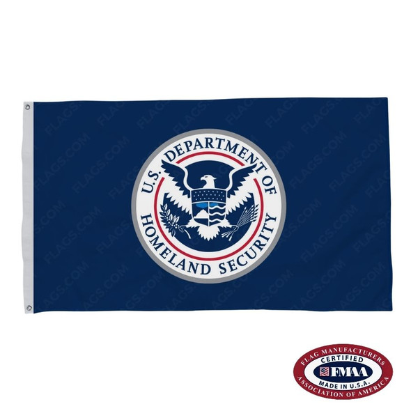 The DHS flag is dark blue with a white seal in the center, depicting a bald eagle with a shield on its chest, surrounded by the agency's name.