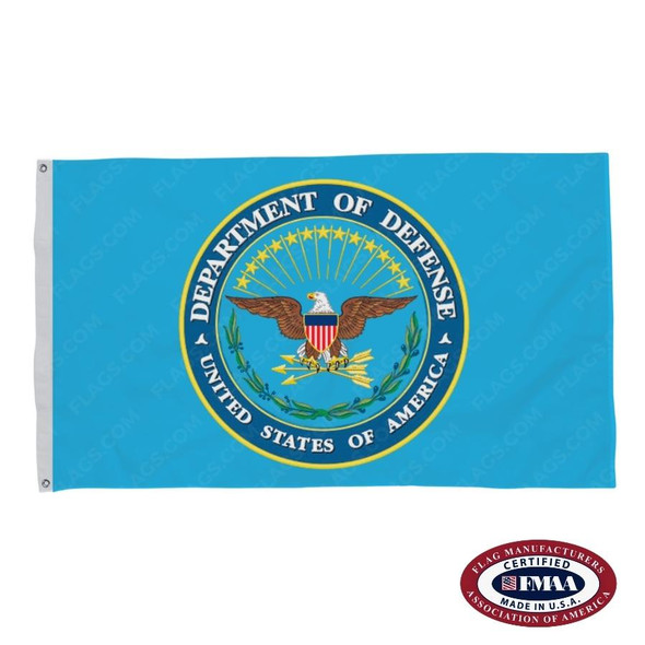 The DOD flag is light blue with a seal in the center depicting a bald eagle with an American flag shield on its chest and 3 arrows in its talons.