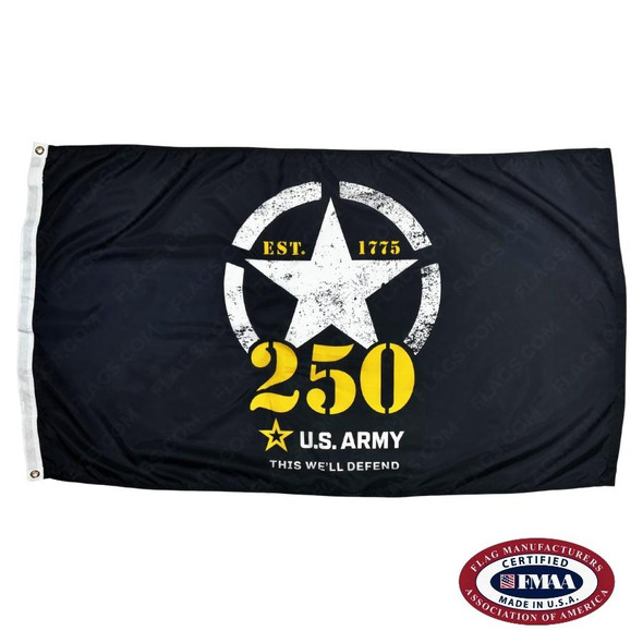The Army 250 flag is black with a white, encircled star in the center. Below is the yellow text “250” and “US Army” in white.