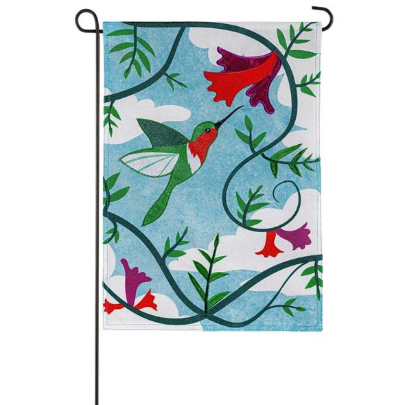 The Hummingbird Garden Flag depicts a teal and red hummingbird drinking from a red flower on a light blue background.