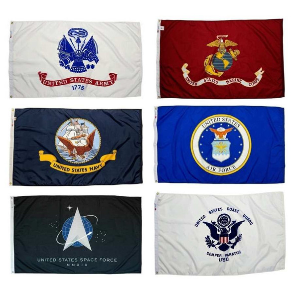 The flags for the Army, Marine Corps, Navy, Air Force, Space Force, and Coast Guard are arranged in a grid.