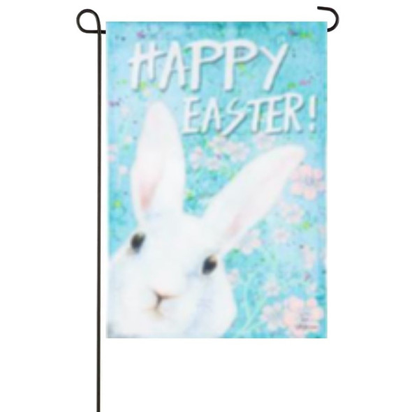 A Spring Peeps Garden Flag depicting the head of a white rabbit on a light blue background with the white text "Happy Easter!" above.