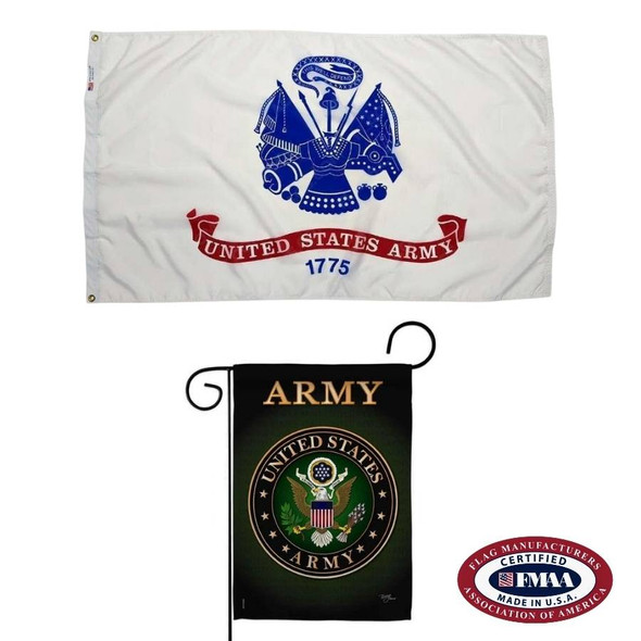 The Army flag bundle includes the full-size Army flag shown above and the Army garden flag below. FMAA Made in America Certified Seal.