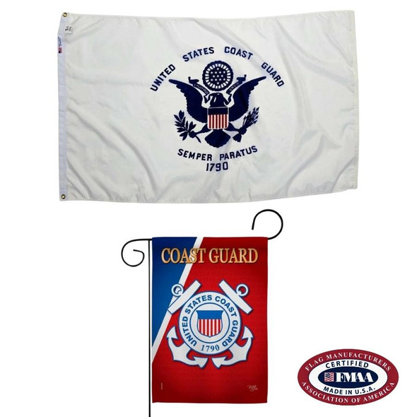 The Coast Guard flag bundle shows our 3’ by 5’ Coast Guard flag at the top and the branch garden flag below. FMAA Made in America Certified Seal.